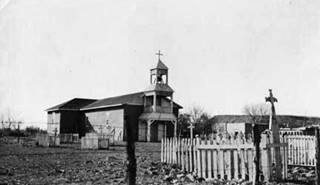 San Jose church 1920s, Algodones black and white, church, gabled tin roof, central steeple c.1920s