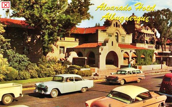 Alvarado Hotel 1950s postcard Spanish style building, 1950s cars, nice garden, color postcard reading ALVARADO HOTEL