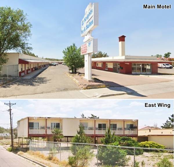 two views of a motel, top: the main U-layout, bottom a wing on a second floor, open beneath it