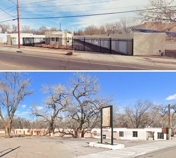 top: former motel, V-layout central office, fenced, a storage. Bottom: Linear motel with two trees and old sign