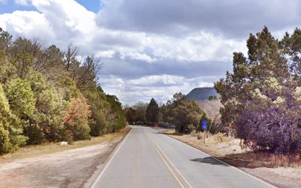 highway paved, trees line it, hills beyond the forest