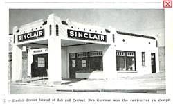 1939 Sinclair filling station US66 ABQ 1939 black and white photo of a gas station with flat canopy