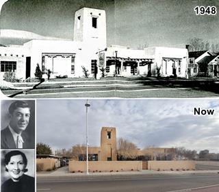 image combining: left: portrait of Jack Michelson and his wife Mildred, top: black and white 1948 view of Pueblo style building with tower. Bottom: same building nowadays, painted ochre