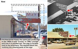 composite image, same neon sign in 1960s, 1990 and 2022, and its changed highlighted with red arrows and dashed lines