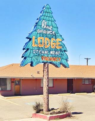 spruce-shaped neon sign of the Blue Spruce Motel