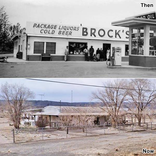 composite image. TOP: black and white 1954 photo: quonset hut sign says it is Brock’s, Standard Oil gas pump, people by the building. BOTTOM: same building in 2021. Quonset hut, trees, gravel drive, seen from Route 66