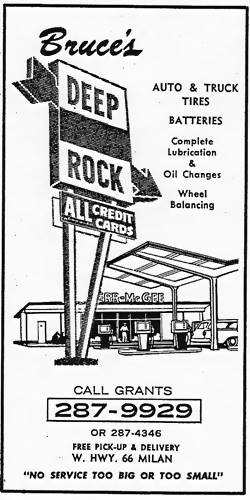 Bruce’s Deep Rock filling station on Route 66 in Milan NM black and white 1960s advertisement of a Deep Rock gas station with butterfly style canopy, and text