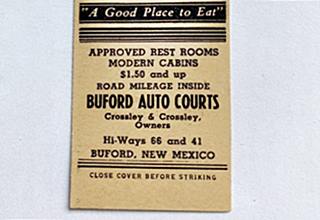 Matchcover Buford court Moriarty US66 match cover of Crossley and Crossley Buford Auto Courts
