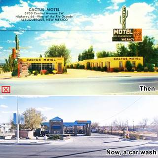 image combines postcard of a motel with office to the left units to the right and inset of cactus-shaped neon sign c.1950s (top), and current view: a car wash (bottom)