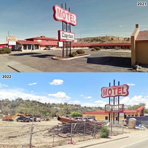 two views, TOP 2021 of motel with neon sign, BOTTOM: 2022 view, torn down, rubble and earth only neon sign remains