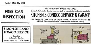 gas stations on Central Ave by the UNM image combines Sandborn map of 1942 showing 2 gas stations, and two newspaper advertisements of gas stations from 1962