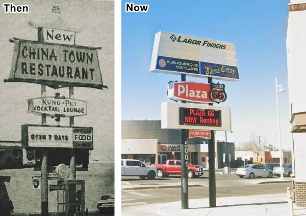 image combines: left, 1970 black and white picture Chinese restaurant neon sign, and right, the current color view of the same sign
