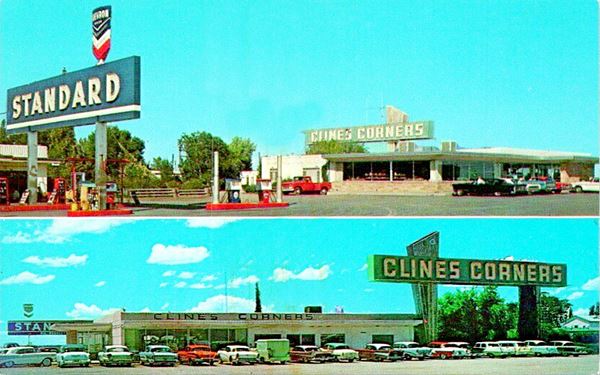 1960s gas station, cars and restaurant color photo