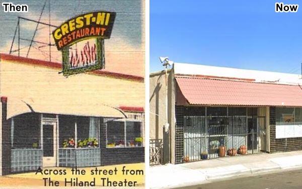 1940s and current view side by side in a composite image of a storefront, with black tiles, single story flat roof building and windows facing Route 66.
