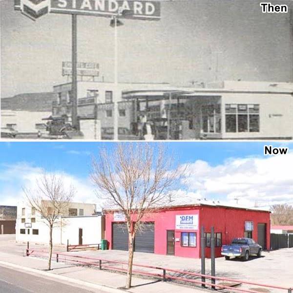 composite image. Top: black and white Chevron gas station, 2 bays left, office right, flat canopy, 2 story cafe beyond. Bottom: same view 2023, red corner single story bldg. 2 service bays. Beyond 2 story bldg.