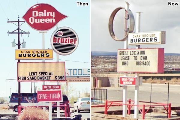 former Milan Dairy Queen image combines side by side two views of the same Dairy Queen neon sign: left, intact with red, yellow and acrylic panels. Right: only metal frame remains