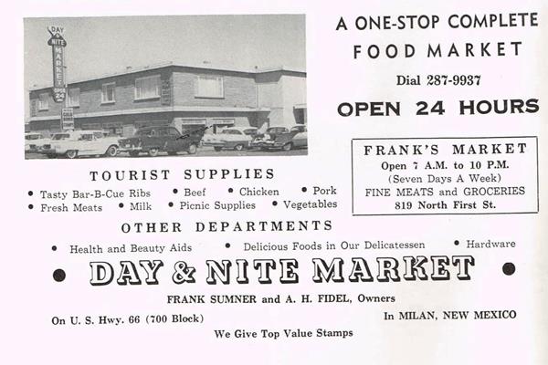 Day and Nite market 1950s advertisement, Milan NM. 1950s black and white advertisement of a food market with text and a photo depicting a 2 story block shaped building with 1950s cars parked by it. Neon sign in the middle of the building