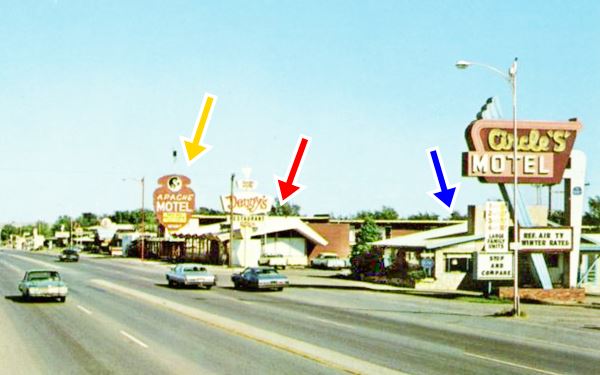 Denny’s, Apache Motel and Circle S motel and 1950s cars on Route 66