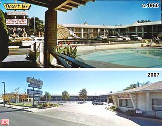 c.1960 postcard 2 story gable roof motel, cars and pool -top. And bottom view same bldg. 2007