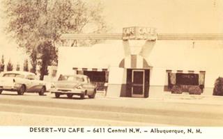 single story cafe, cars parked in front, tree and neon sign sepia color image captioned Desert Vue c.1950s