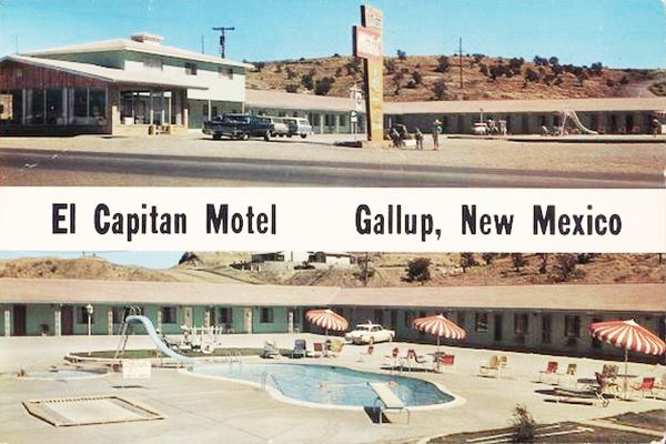 color photo postcard of a motel 1960s, hills beyond, 2 story gable roof office and cars. Pool detail shown below