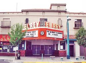 El Rey marquee of the El Rey Theater red and white, 1940s style