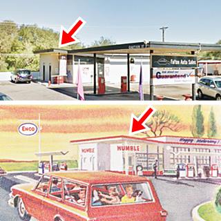 Actual Enco gas station from the 1960s now and compared to an illustration of that time