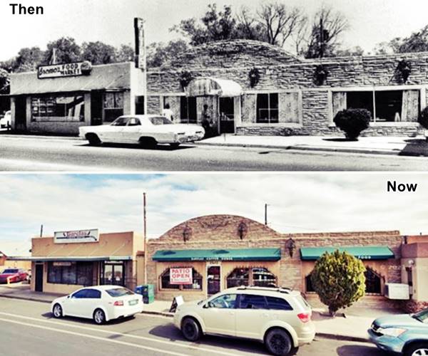 two views of the same rock face bldg. right and adobe block bldg. left. in 1960s and 2023. A Cafe