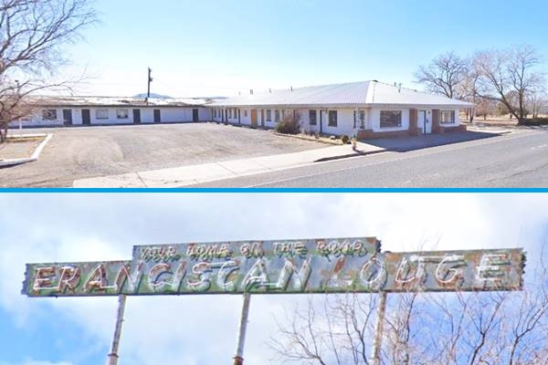 top: former motel, single story, gable roof. Bottom: long narrow neon sign FRANCISCAN LODGE sign