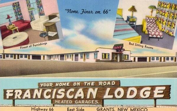 color 1950s postcard showing details of rooms, facade of a motel, single story, flat roof and its neon sign