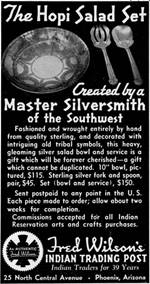 Fred Wilson 1938 advertisement Fred Wilson Trading Post 1938 black and white advertisement of silver Hopi crafts