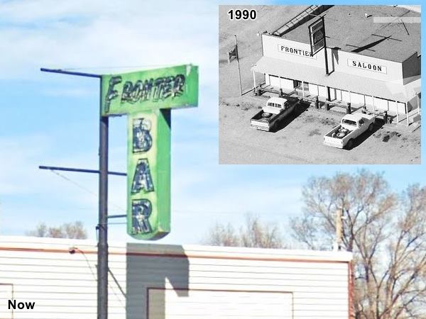 Frontier Bar neon sign now and then, US66 Moriarty green metal neon sign words FRONTIER BAR on it, and an insert view in black and white of the same sign and building in 1990