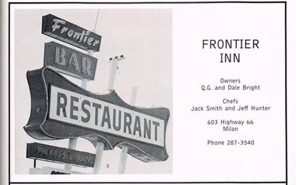 Frontier Bar and Restaurant 1950s neon sign Milan NM. 1950s neon sign, black and white image main box with curved shape supported by three slanting steel poles and 2 smaller boxes above and 2 below with additional text
