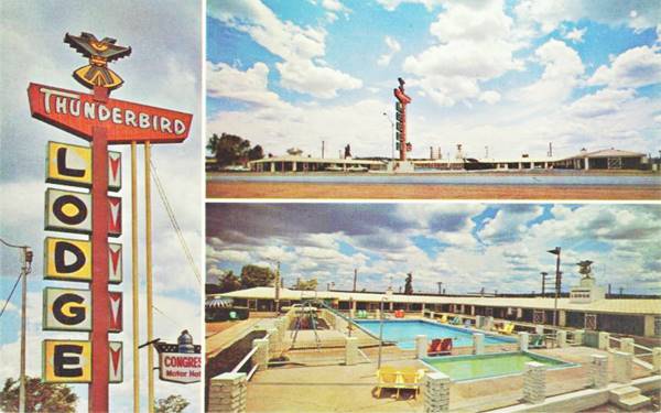 color postcard 1960s with views of motel, single story gable roof, NEON SIGN topped by a thunderbird, and swimming pool