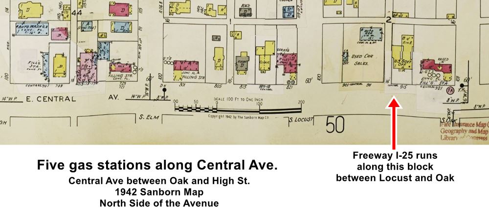 1942 map showing filling stations along Central from High to Oak St. ABQ 1942 Sanborn map showing Central Ave where now I-25 cuts it. There are several gas stations in the map