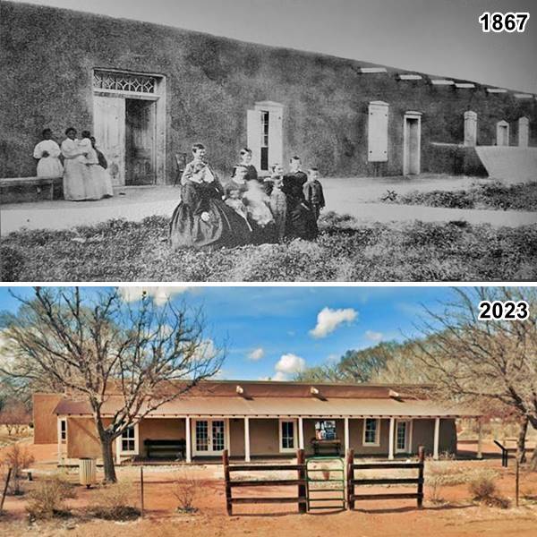 top: black and white photo 1867, flat roof adobe house, doors, windows, vigas, two groups of women and children sitting in front of it. Bottom: color view adobe house, windows doors, trees and a verandah