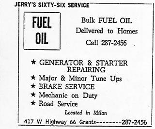 1966 advert. Jerry’s 66 service, Milan NM Text only 1966 phone book advertisement of Jerry’s Sixty-Six Service