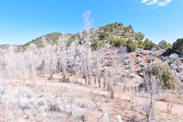 Johnson Ranch site nowadays color, trees in a vlat valley with two hump shaped hills beyond