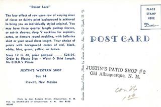 Justin’s Shop postcard c1950s text on the back of a 1950s postcard describing a dress and its price