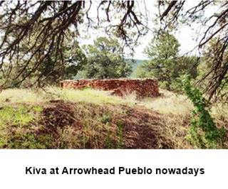 kiva at Arrowhead Ruin color view rock walls of a Kiva, trees, grass around it