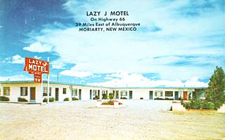 Lazy J motel 1960s, Moriarty US66 L shaped motel, flat roof, neon sign, vehicles parked, single floor, parking area and trees