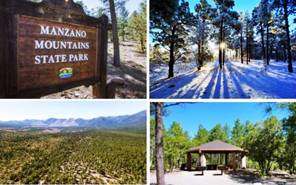 four pictures clockwise: sign reading MANZANO MOUNTAINS STATE PARK, pine trees in the snow with sun behind, a campground with pine trees, aerial view of a forest