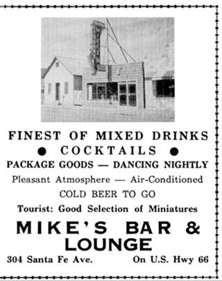 black and white advertisement from 1958, top: picture of the building, single floor, flat roof, neon sign over sidewalk, bottom: text about the bar and lounge