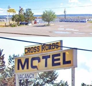 two images: top, color view L-shaped motel, single floor, gable roof seen from US66 yellow sign to the left. Bottom: closeup of yellow acrylic sign reads: CROSSROADS MOTEL in black letters, and VACANCY black letters on white. Tree behind