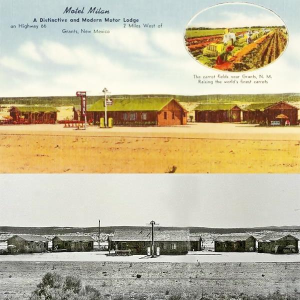 two views frm 1950 of the Milan Motel on Route 66 Milan NM. composite image: top; a color postcard with a motel: semicircle of 6 gable roof cabins around a central single story gable roof office, neon sign and 2 gas pumps by it. Bottom: same view in a black and white picture from 1950