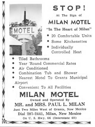 Milan Motel 1950s advertisement Milan NM black and white 1950s advertisement of MILAN MOTEL, with text and a view of its neon sign