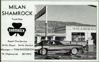 Shamrock Truck Stop, 1978 Milan NM black and white 1978 advertisement of the Sharmrock Truck Stop in Milan, text and image of a 2 service bay box-shaped gas station car and gas pumps