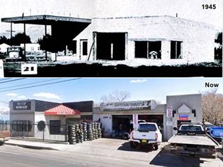 Miller Tire shop and gas station in 1945 and now image combines: top, a 1945 view of a flat canopy single bay building in black and white with its current view below