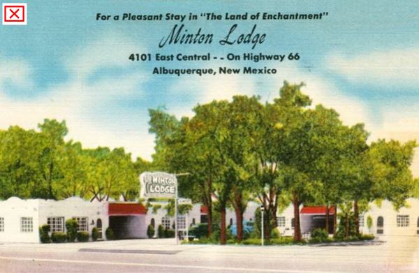 1950s color linnen postcard, motel, trees, neon sign, US 66 runs across the card