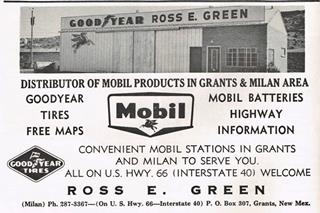 Ross Green Mobil Milan NM black and white advertisement from 1968, text and image showing single story warehouse, brick office to the left, entry bays to the right, gravel parking area in front, hills beyond. Seen from Route 66